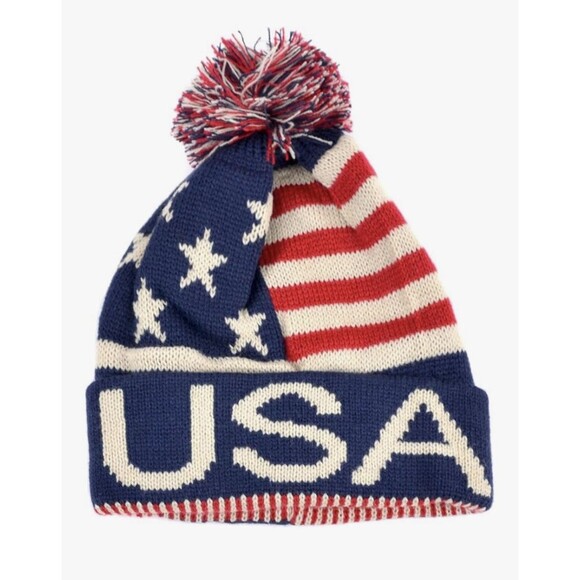 Best Winter Hats American Flag Beanie Embroidered USA Centurion Font W/Pom Pom - Picture 1 of 8